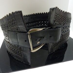 Oscar De La Renta Wide PERFORATED Leather Black Statement Belt Womens size 24''